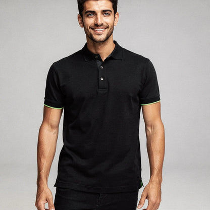 View of a slim fit short sleeve v neck casual golf polo in light blue, made of soft breathable fabric