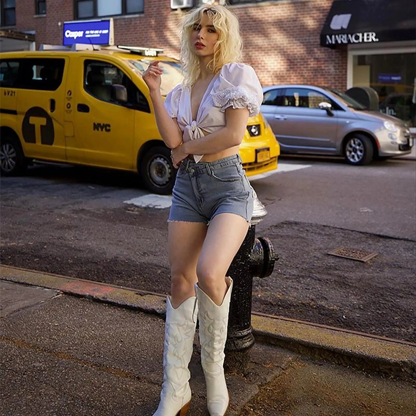 Light beige high waisted summer shorts featuring a relaxed fit and crossover waistband, view