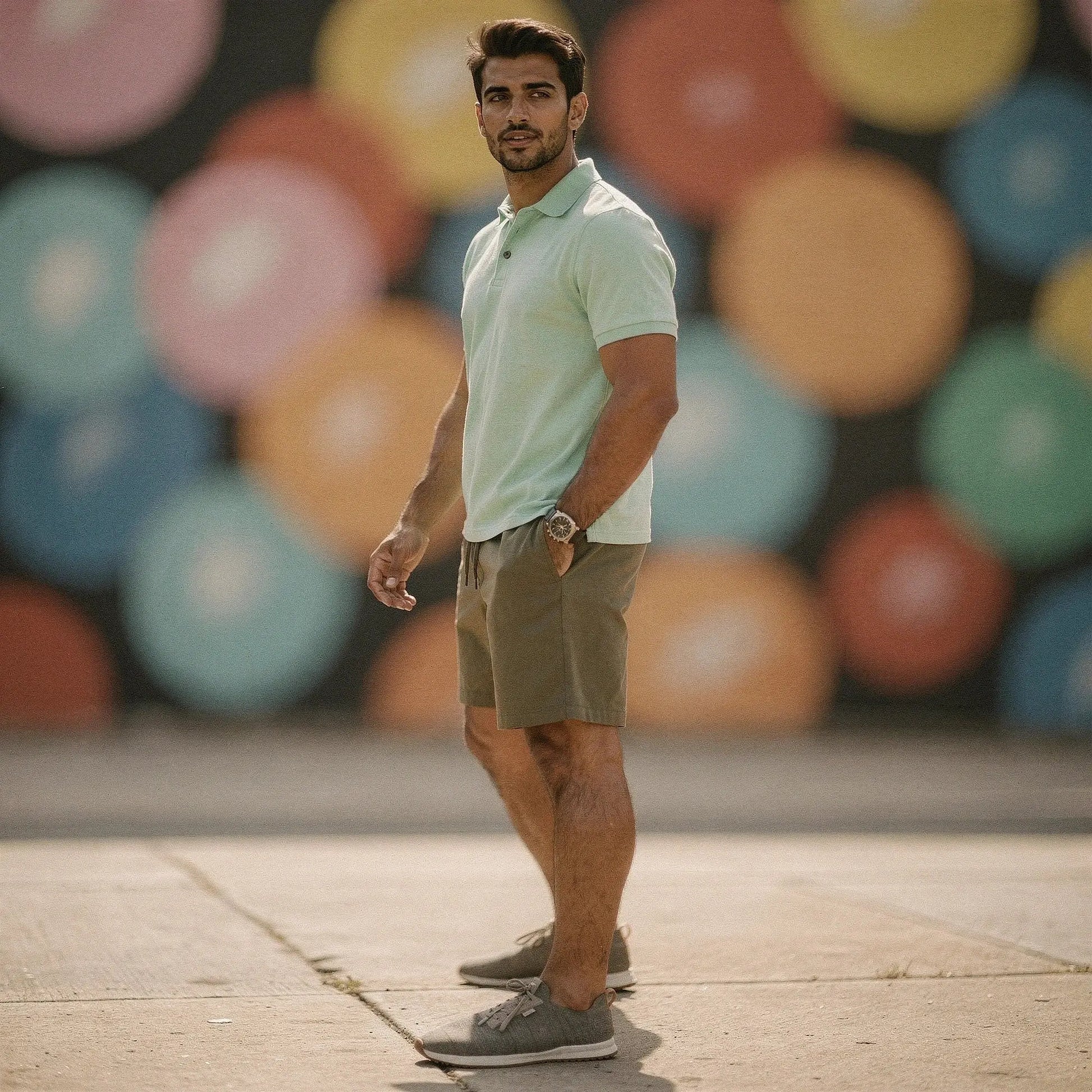 View of a navy blue slim fit short sleeve polo shirt featuring a V neck and soft cotton material