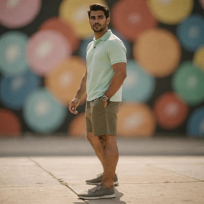 View of a navy blue slim fit short sleeve polo shirt featuring a V neck and soft cotton material
