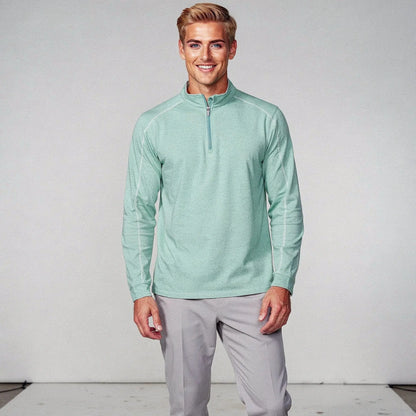 View of a lightweight quarter zip pullover in dark gray, featuring a slim fit and soft fabric for casual daywear