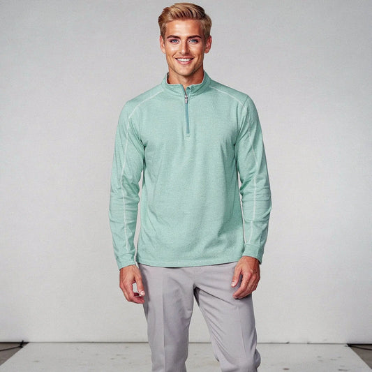 View of a lightweight quarter zip pullover in dark gray, featuring a slim fit and soft fabric for casual daywear