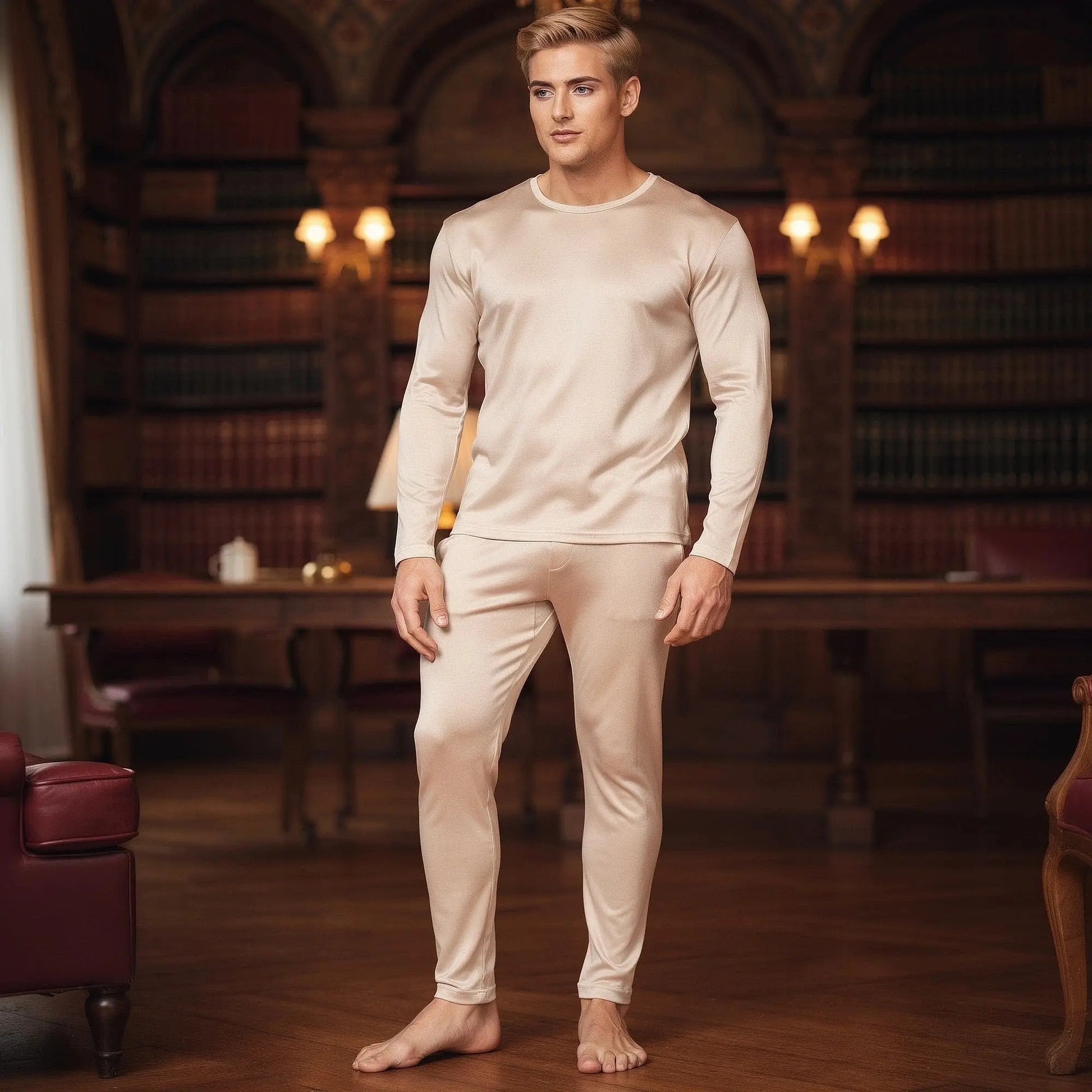 View of gray slim fit long sleeve crew neck long johns made
