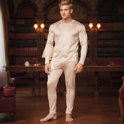 View of gray slim fit long sleeve crew neck long johns made