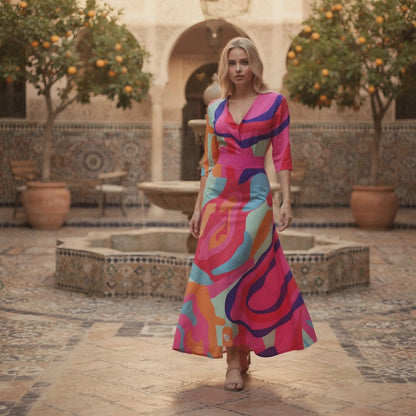 View of a flowy v neck maxi dress in soft cotton fabric, featuring a floral pattern and adjustable straps
