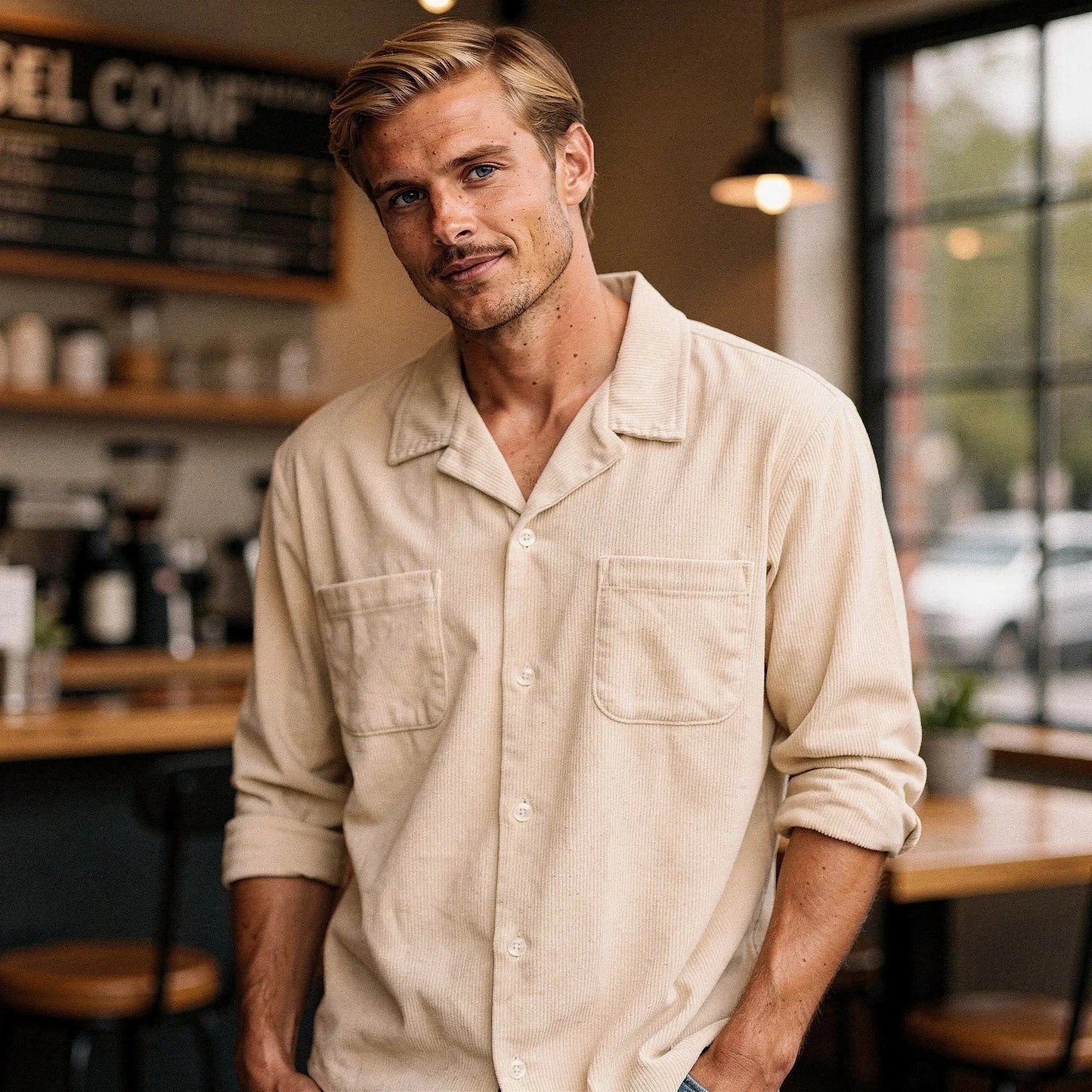 View of a light blue short sleeve camp collar shirt, featuring a relaxed fit and soft cotton fabric