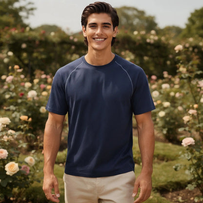 View of a slim fit crew neck short sleeve casual performance t shirt in dark gray, showcasing soft fabric and stitching