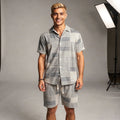 Light blue relaxed fit short sleeve button up resort shirt with a pocket, displayed
