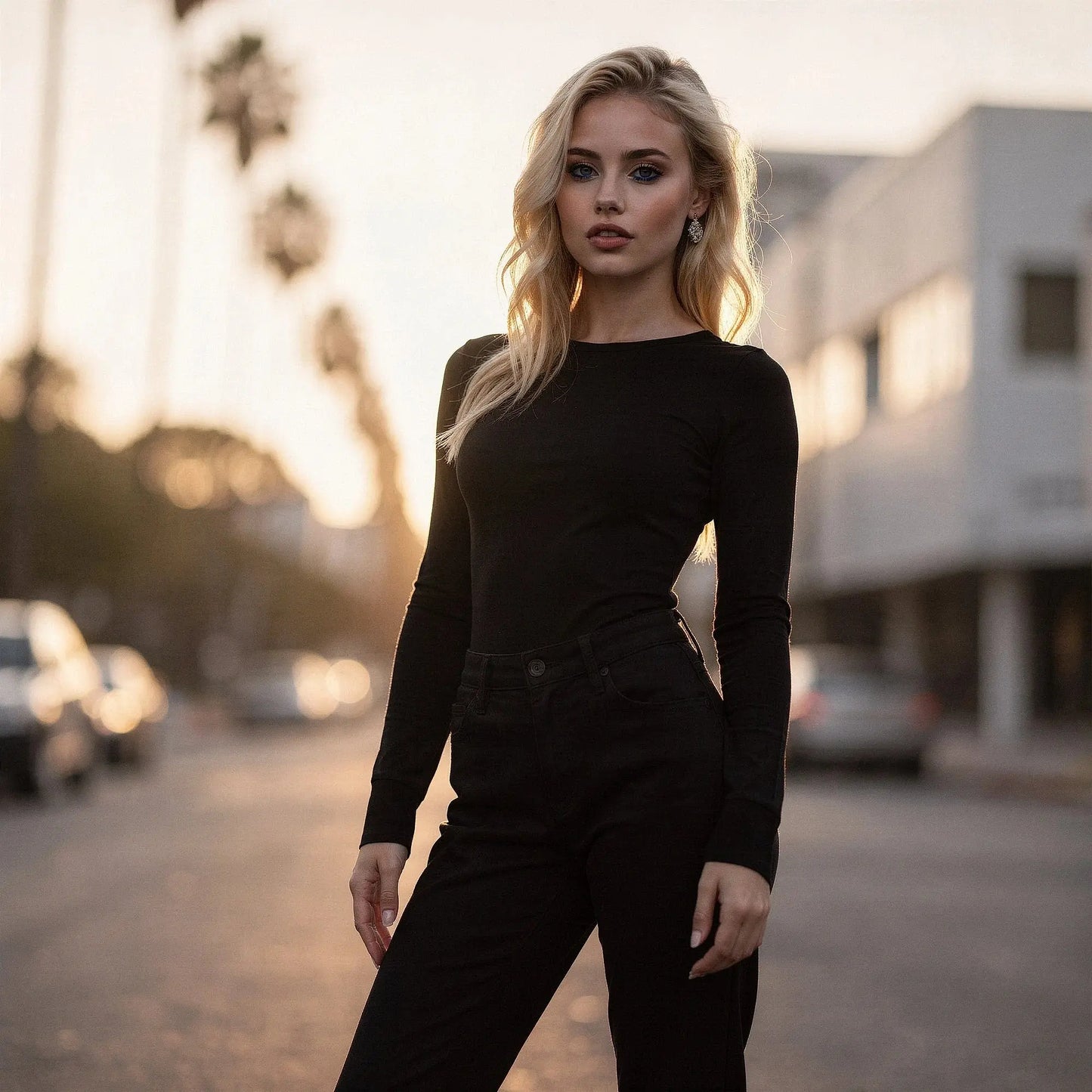 View of a black slim fit long sleeve bodysuit featuring a scoop neckline and soft stretchy fabric