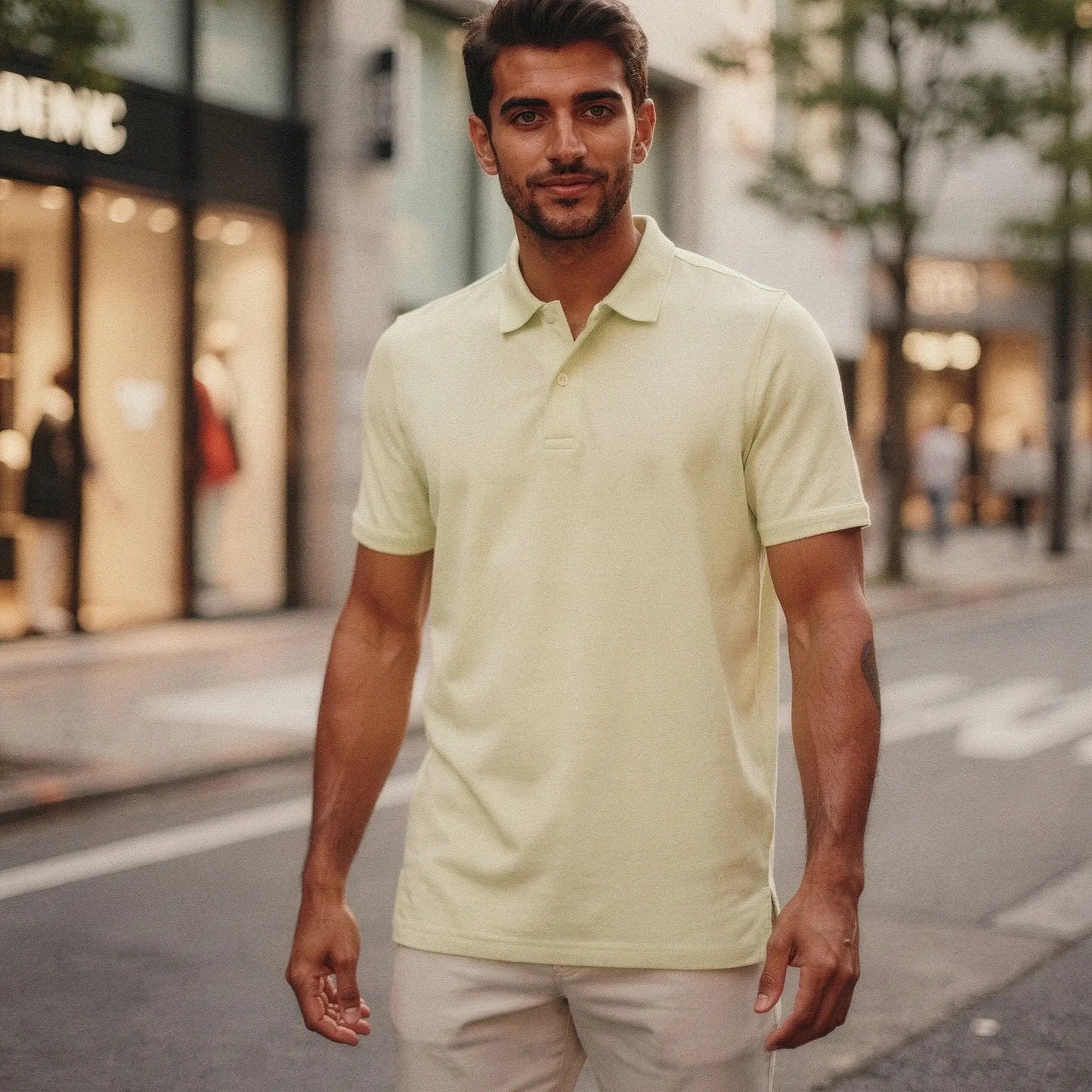 View of a slim fit short sleeve polo shirt in light gray, featuring a V neck and soft cotton material