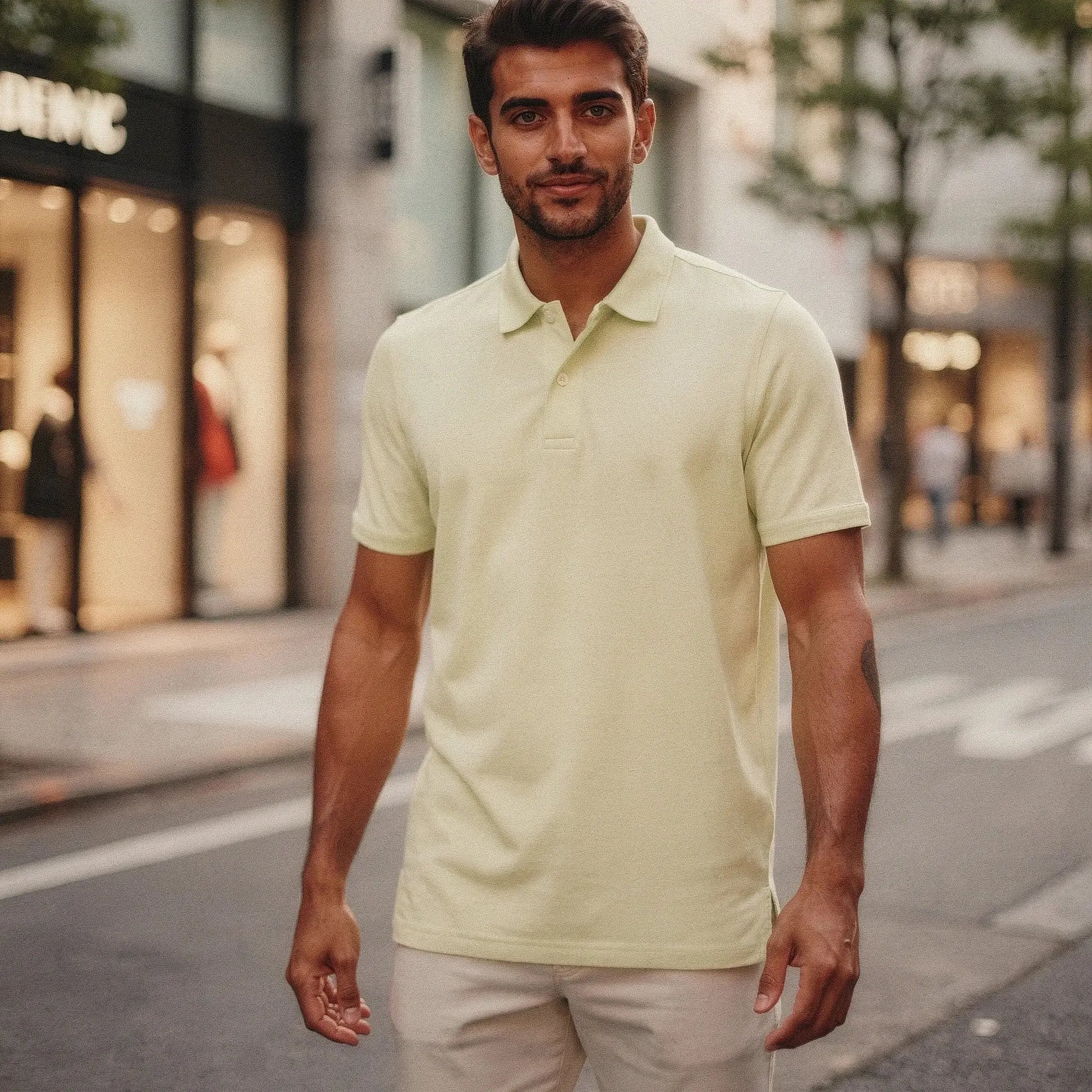 View of a slim fit short sleeve polo shirt in light gray, featuring a V neck and soft cotton material