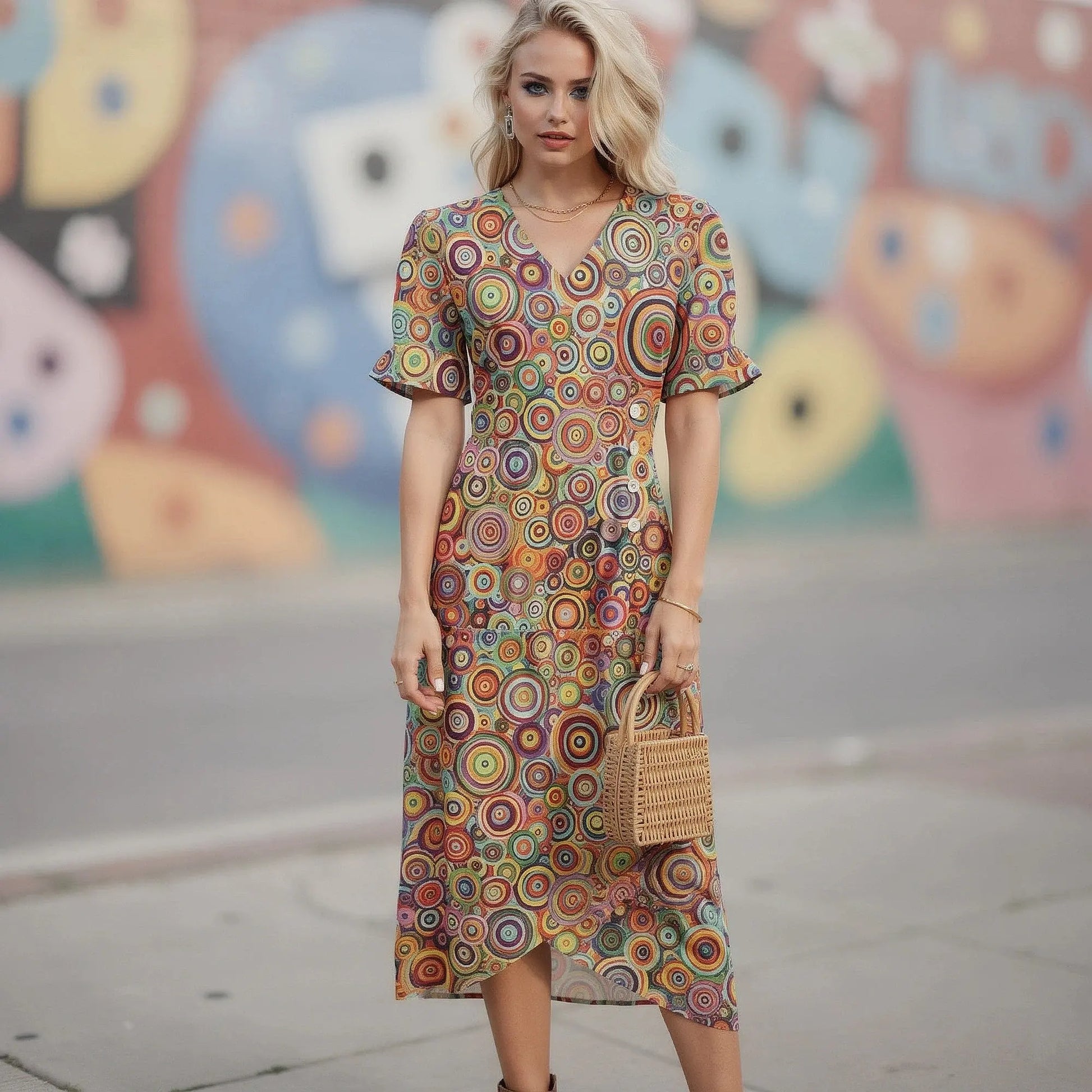 View of a flowy wrap midi dress featuring puff sleeves, in a soft pastel color with a lightweight fabric