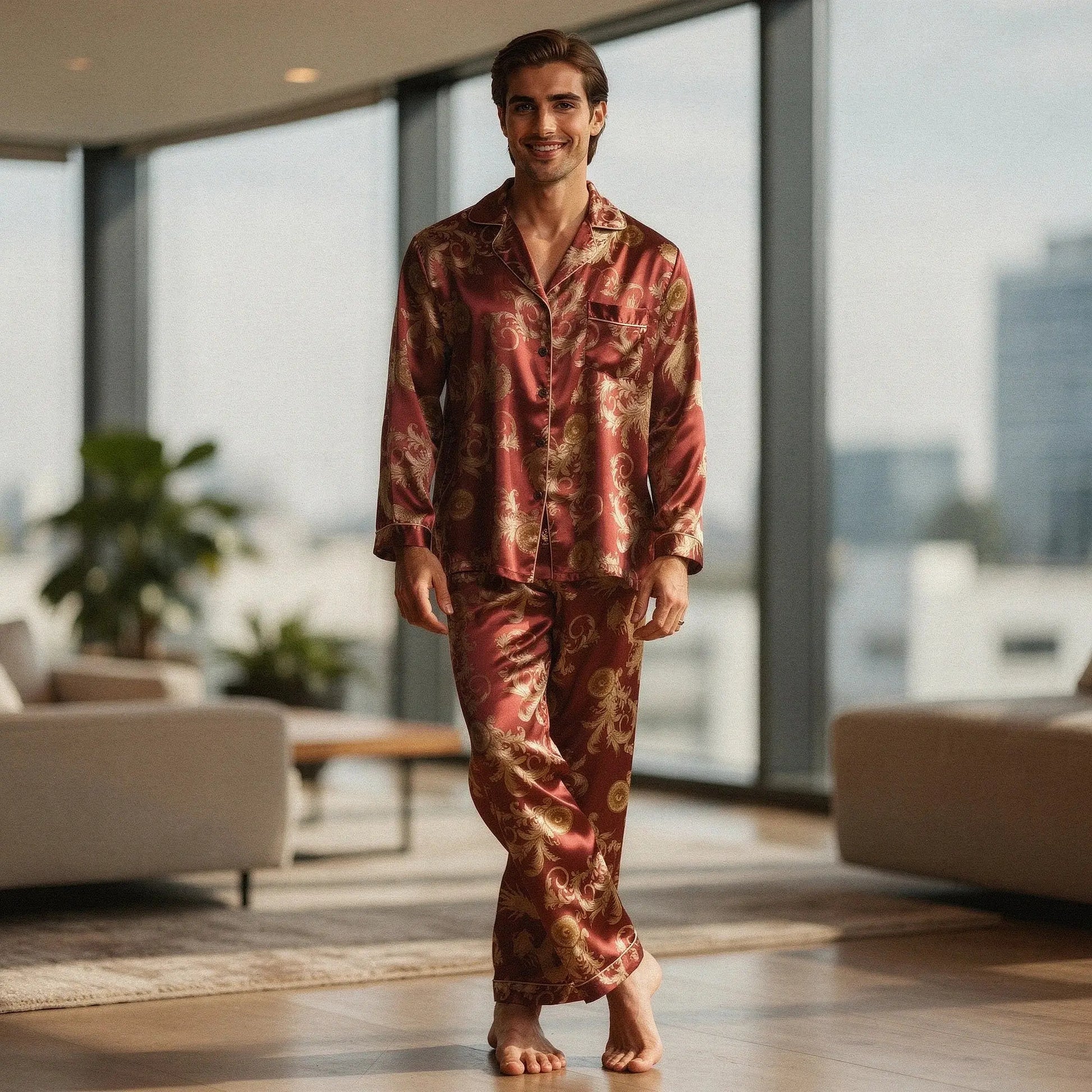 View of relaxed fit long sleeve silk pajamas set in deep navy blue with notch collar and button closure