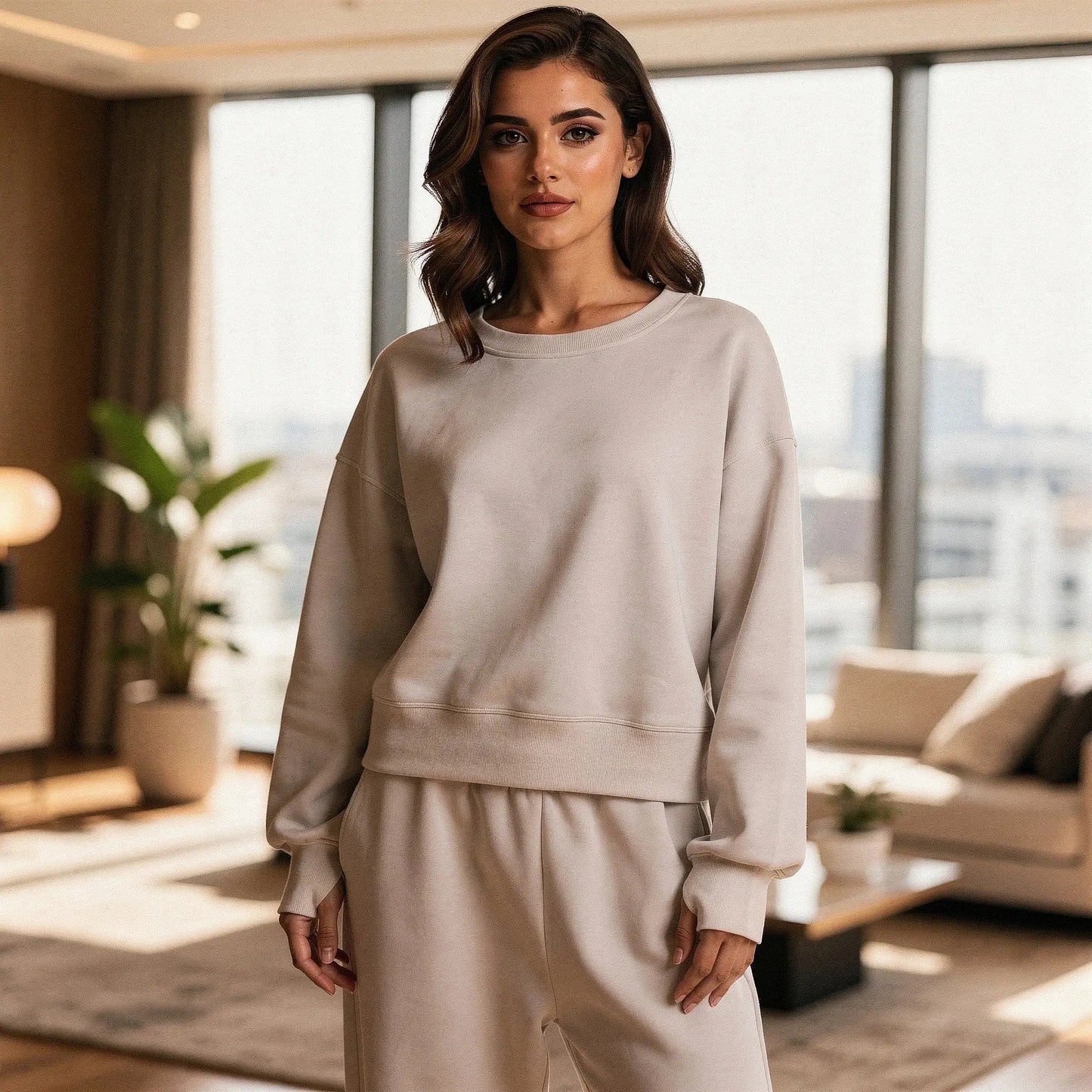 Light gray relaxed fit crew neck sweatshirt with long sleeves and soft fabric, view showcasing stitching and neckline