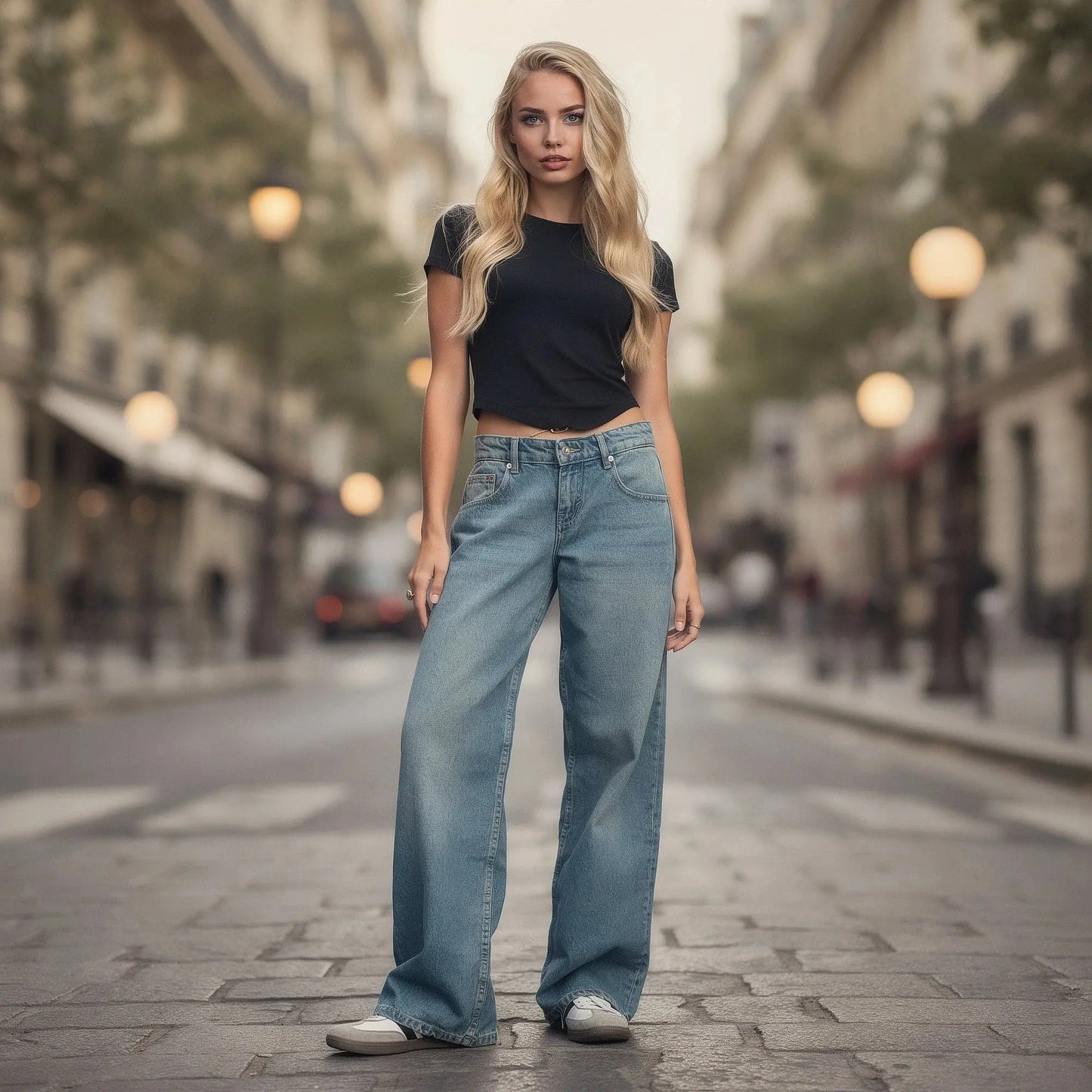 Light blue high waist vintage casual baggy jeans with a relaxed fit, showcasing a detailed view of the fabric texture and stitching