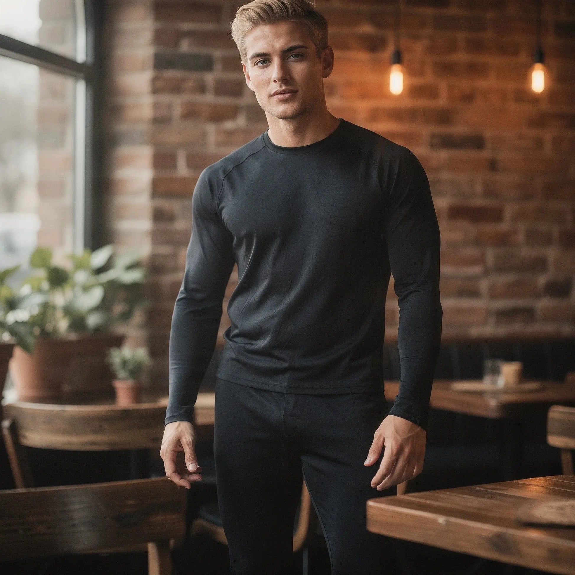 View of navy blue slim fit long sleeve crew neck long johns, featuring soft fabric and a comfortable design