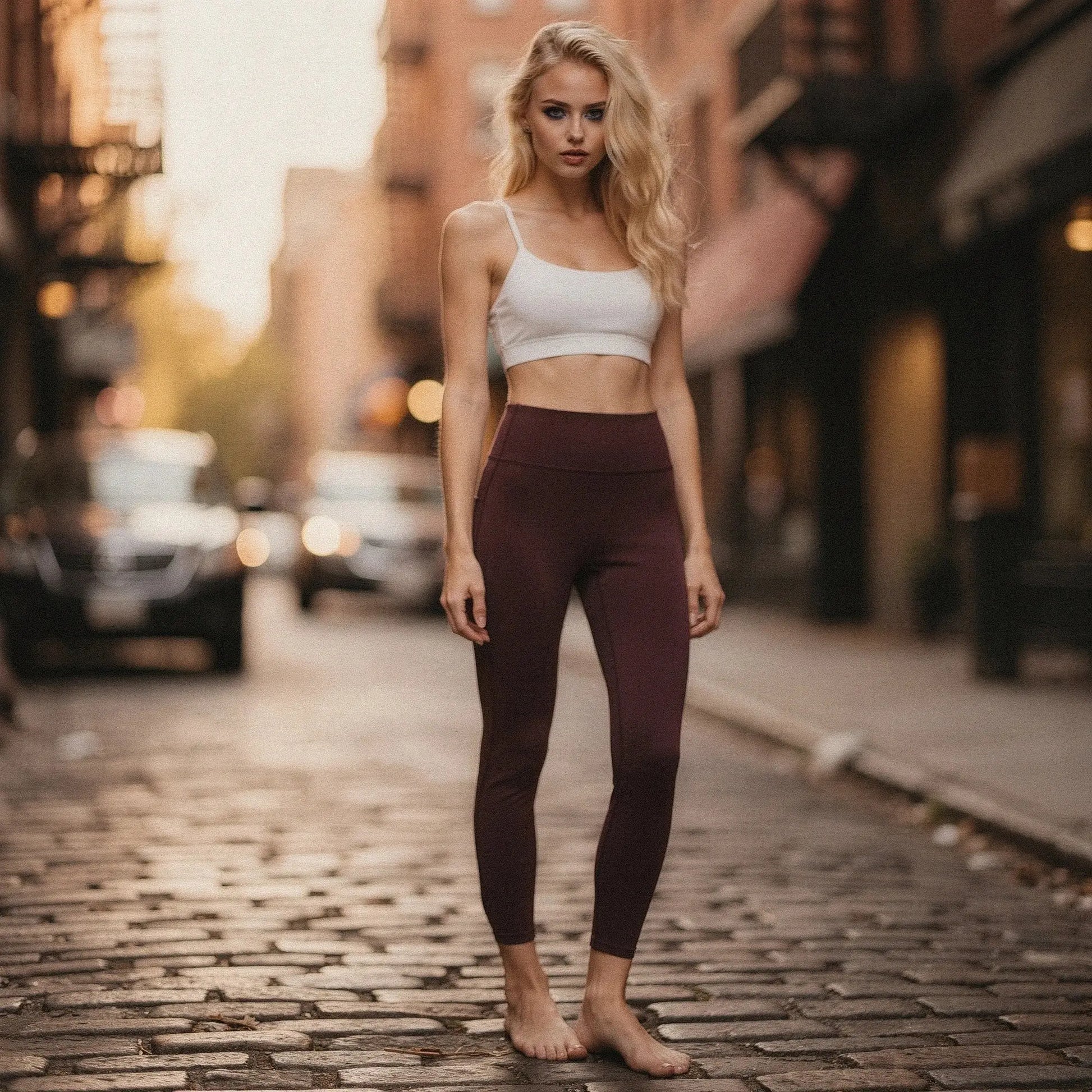 Black high waisted fitted leggings with pockets, 78 length, view showcasing fabric texture and stitching