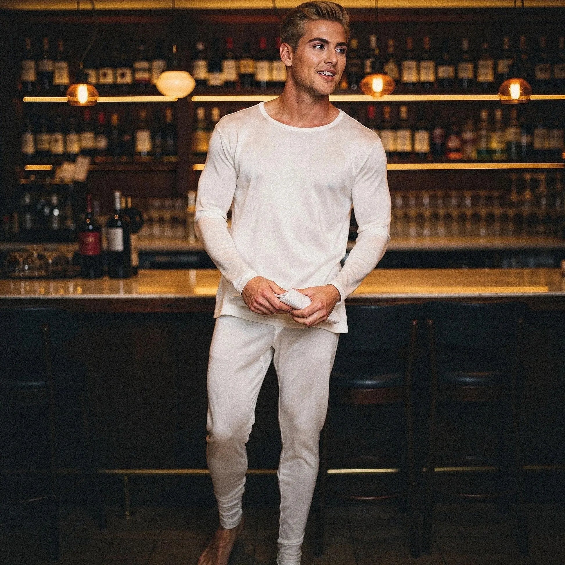 View of navy blue slim fit long sleeve crew neck long johns made