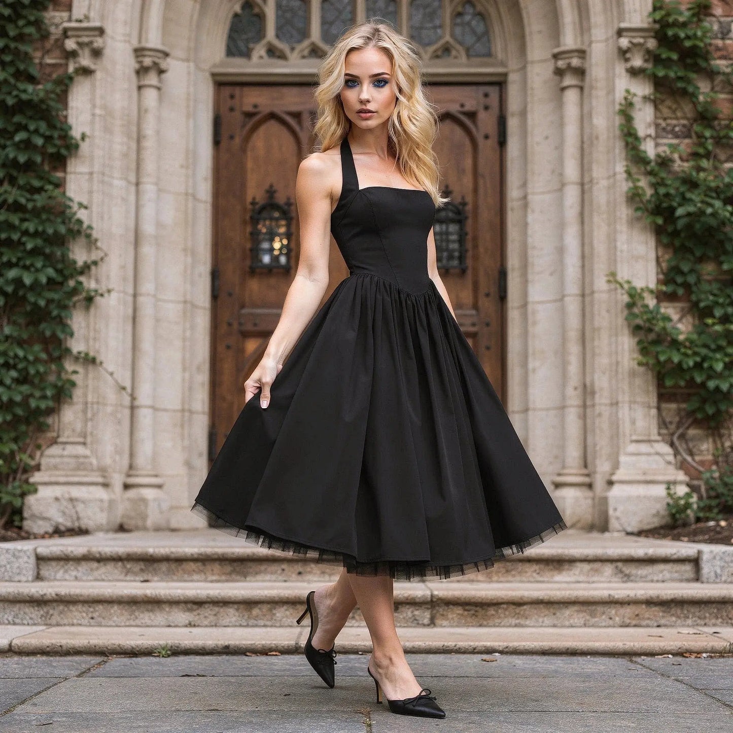 View of a fitted halter neck midi dress in soft fabric, featuring a floral pattern and a flowing skirt