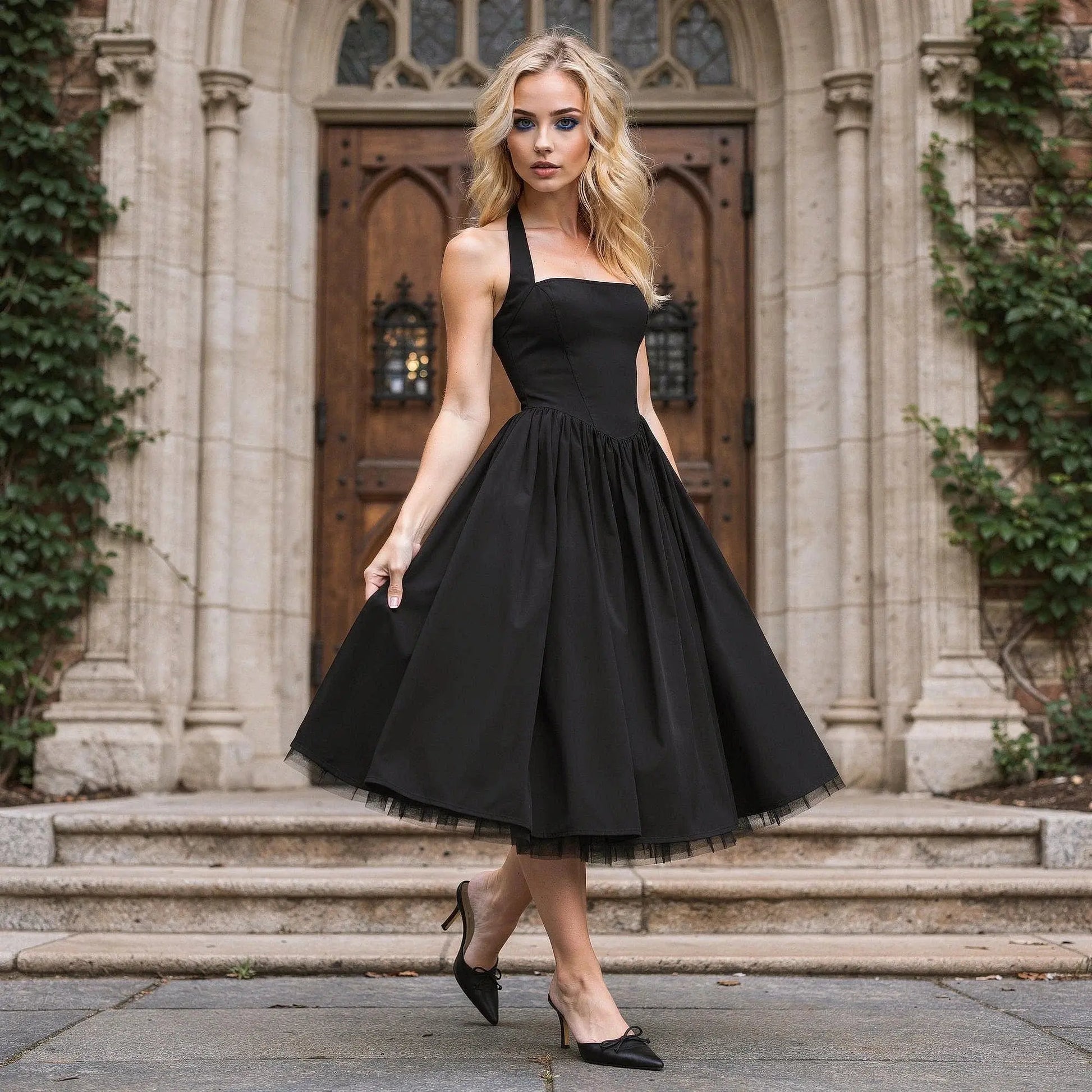 View of a fitted halter neck midi dress in soft fabric, featuring a floral pattern and a flowing skirt