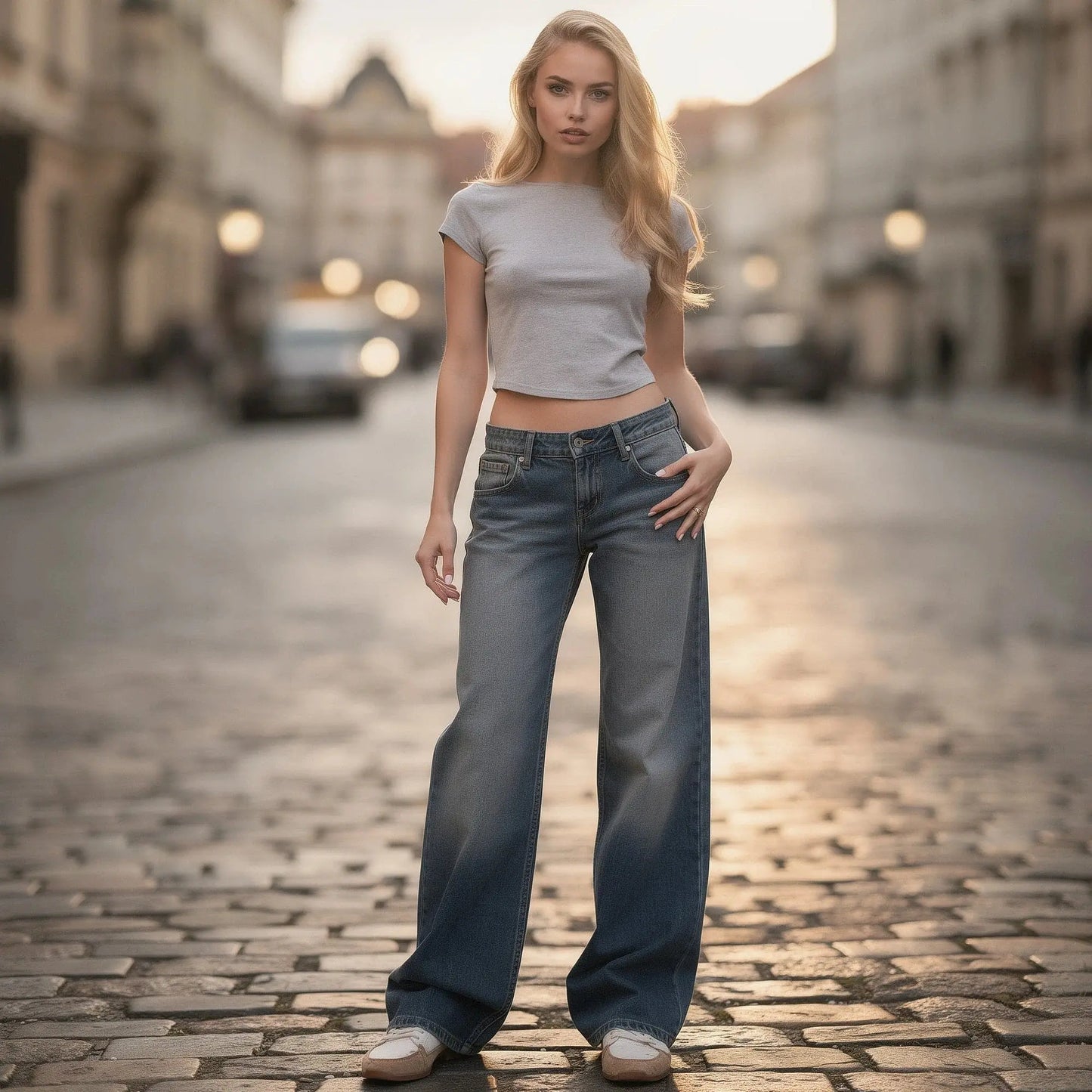 Light blue high waist vintage casual baggy jeans with a relaxed fit, featuring large pockets and a faded wash, view