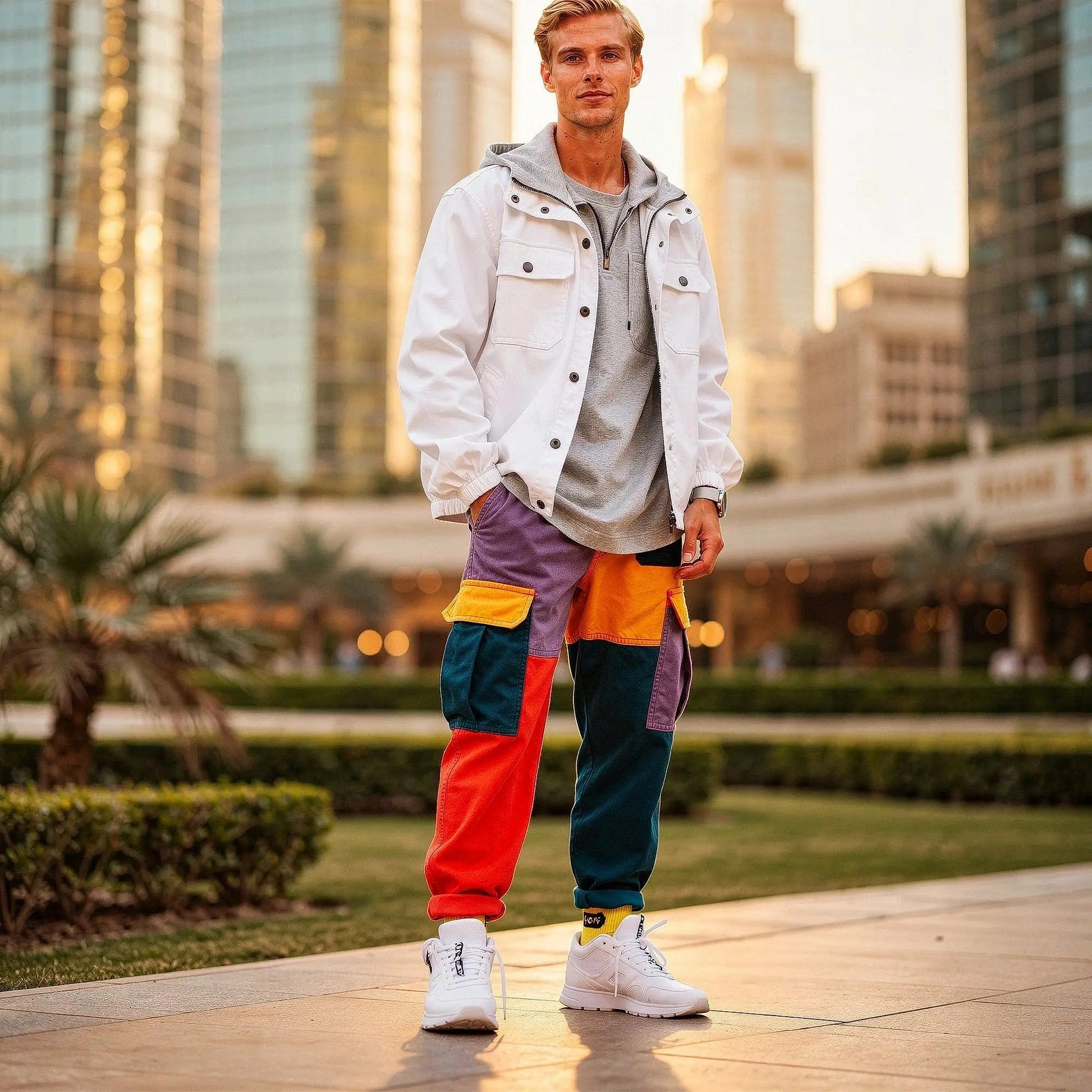 View of baggy relaxed fit drawstring cargo joggers in olive green, featuring multiple pockets and a comfortable waistband
