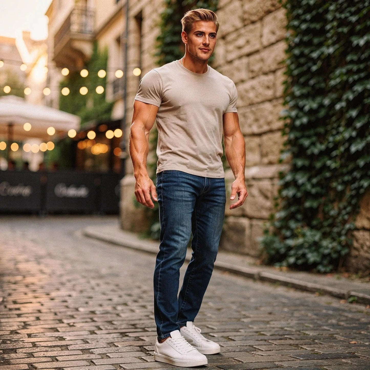 Mid blue jeans with a stretch fit, featuring subtle fading and five pocket design, detailed view showing fabric texture
