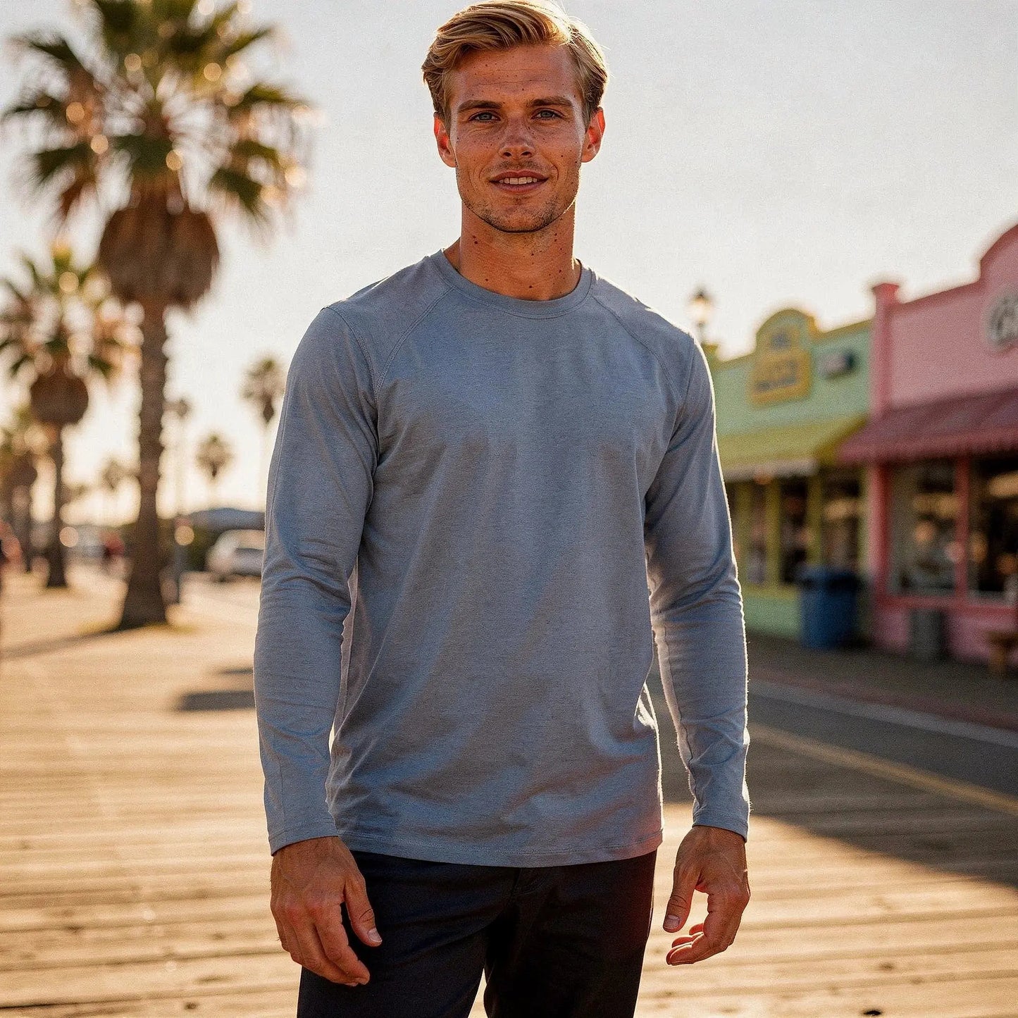 View of a slim fit long sleeve crew neck casual fitness t shirt in light gray, showcasing soft cotton material and stitching details