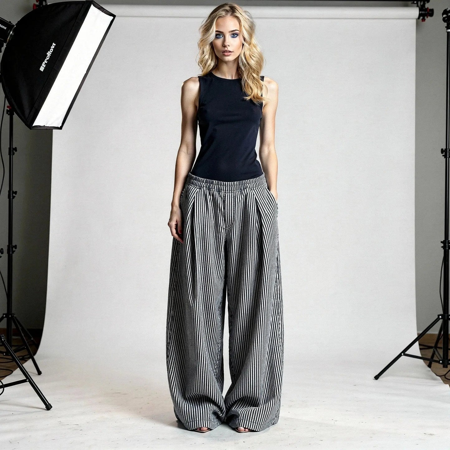 View of relaxed fit high waist wide leg baggy pants in soft cotton fabric, featuring a casual style and neutral color