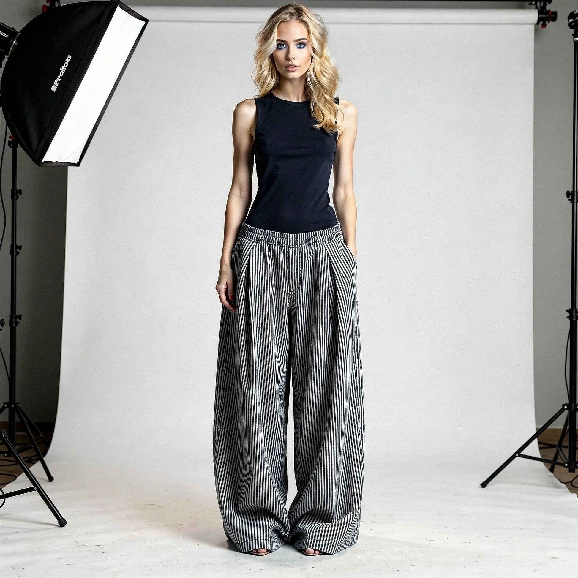View of relaxed fit high waist wide leg baggy pants in soft cotton fabric, featuring a casual style and neutral color