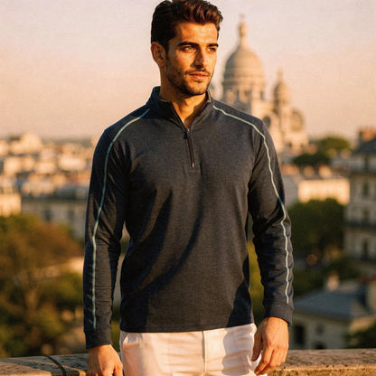 View of a lightweight quarter zip pullover in dark gray, featuring a slim fit and soft fabric, ideal for casual office or golf