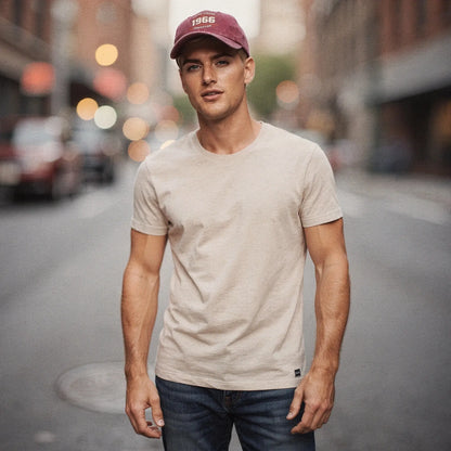 View of a relaxed fit crew neck short sleeve casual t shirt in soft cotton fabric, showcasing a light gray color