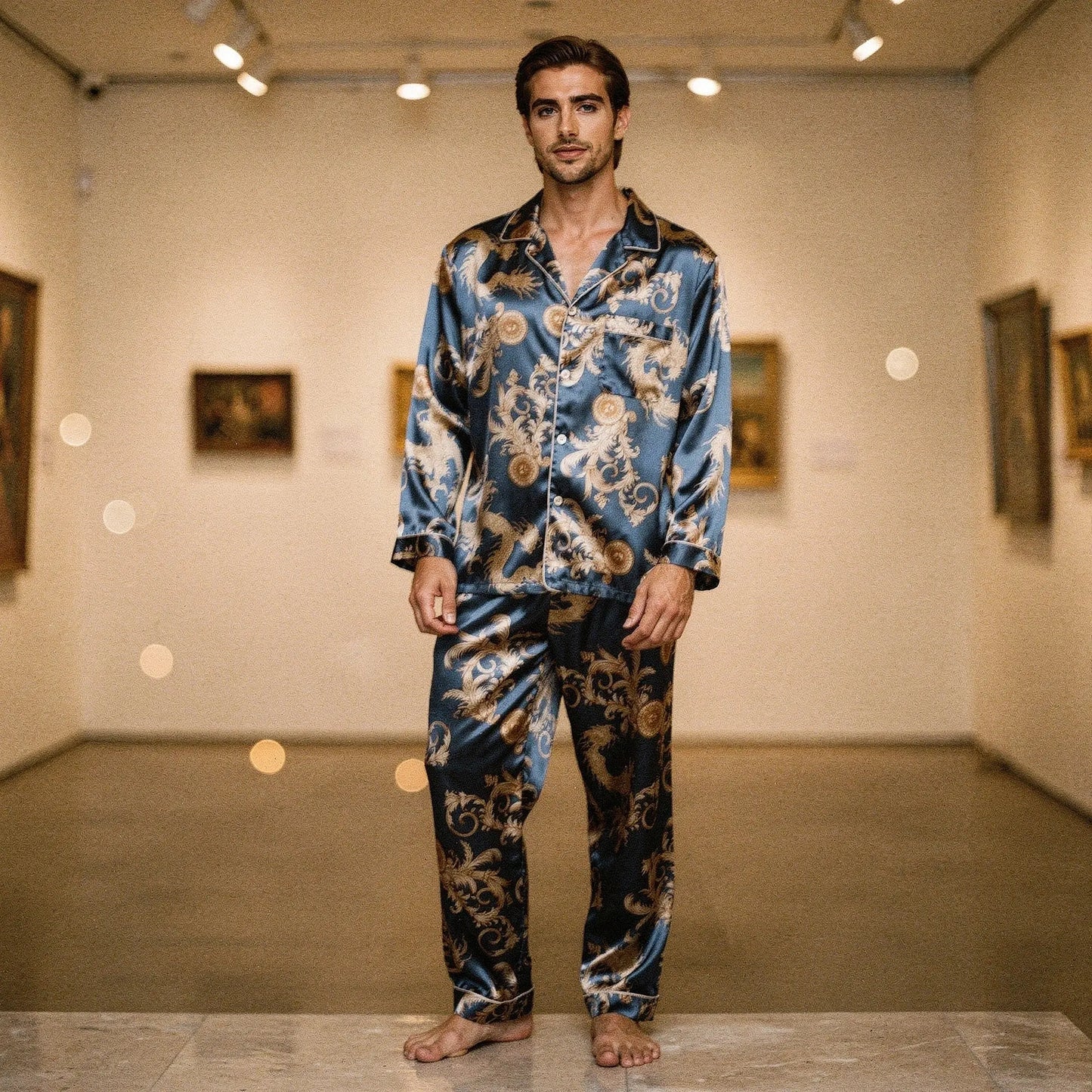 View of relaxed fit long sleeve silk pajamas set in deep navy blue, featuring a notch collar and comfortable design