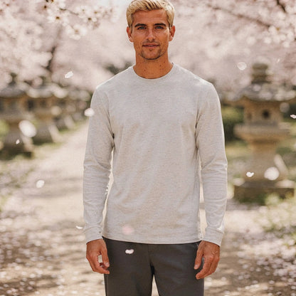 View of a slim fit long sleeve crew neck casual fitness t shirt in dark gray, showcasing soft fabric and stitching details