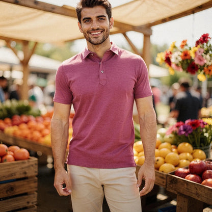 View of a light blue slim fit short sleeve polo shirt with a V neck and soft cotton material