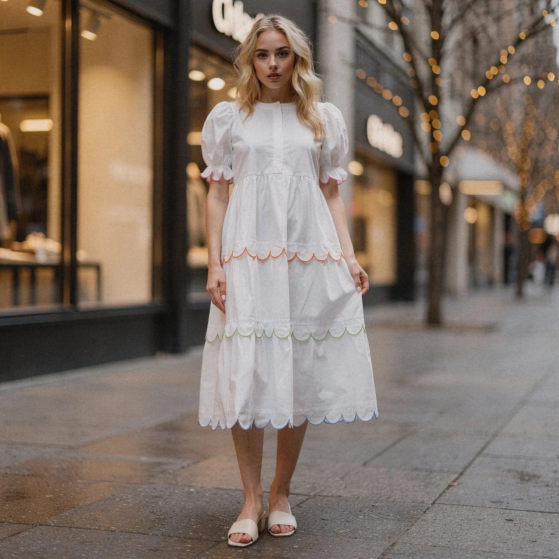 Light blue flowy A line midi dress with a round neck and short sleeves, view showcasing the fabric and drape