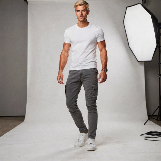 View of slim fit super stretch cargo trousers in dark gray, featuring multiple pockets and a comfortable waistband
