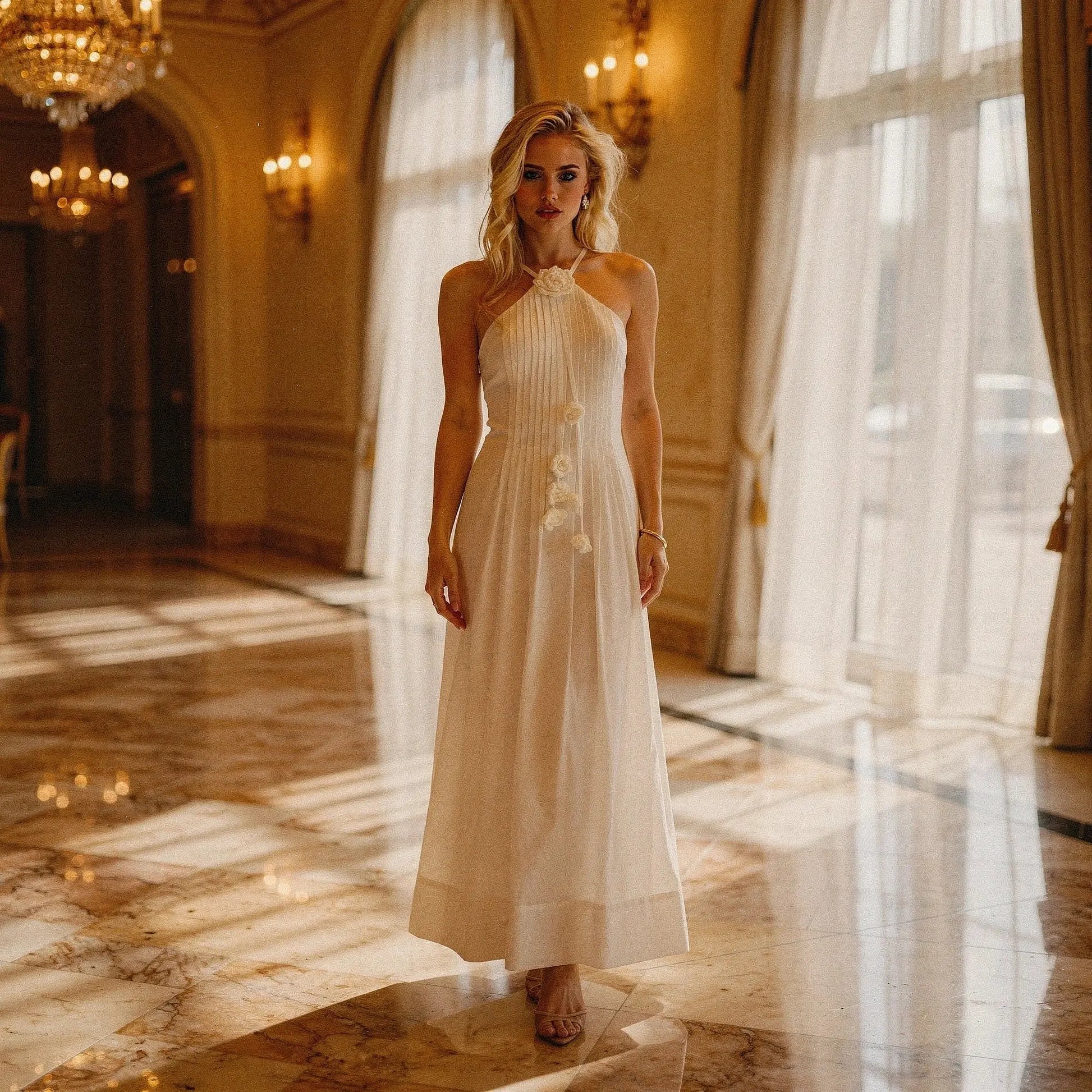 View of a relaxed fit halter maxi dress in soft fabric, featuring a flowing silhouette and elegant floral pattern