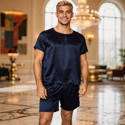 Light gray short sleeve pajamas set featuring a relaxed fit round neck and matching shorts, view