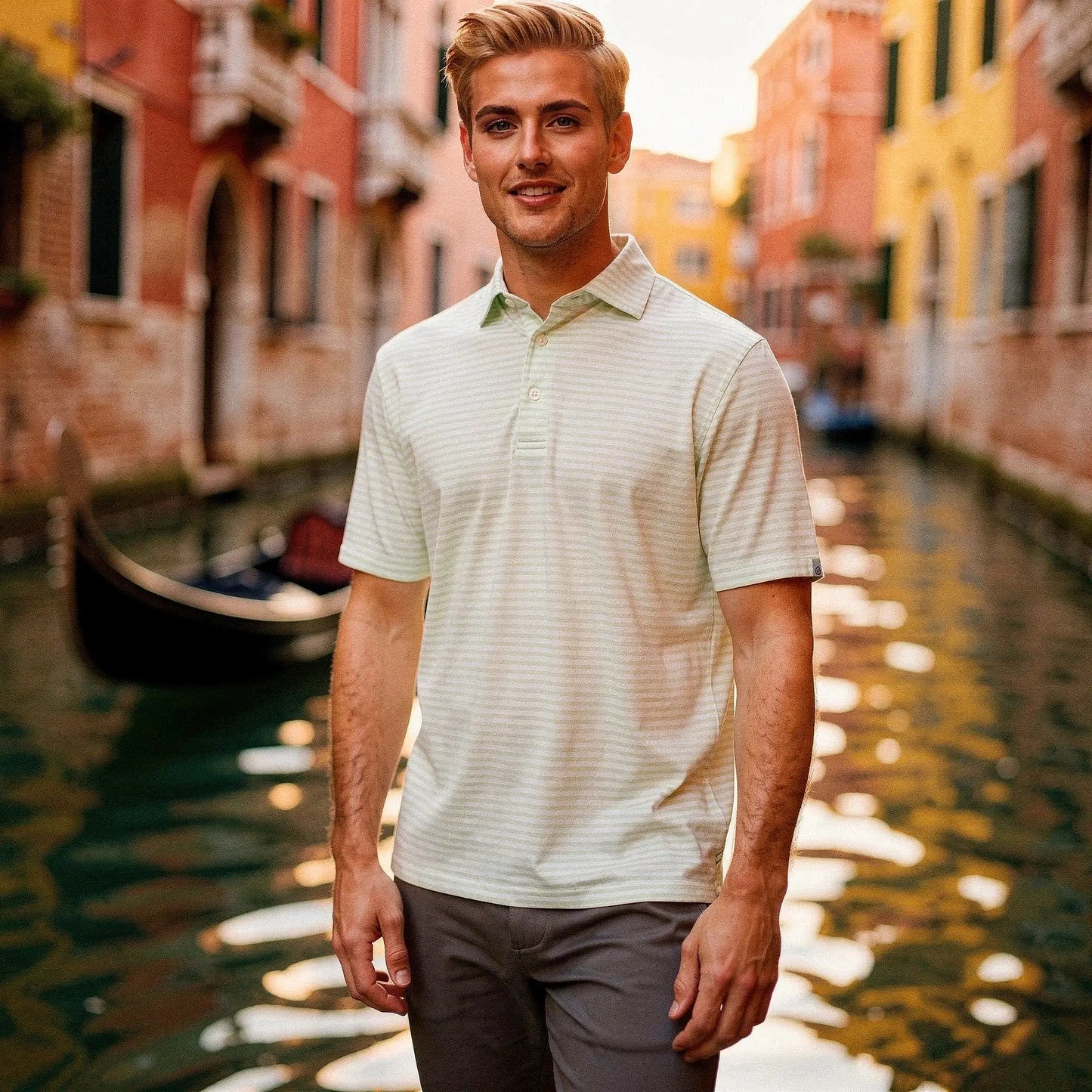 View of a slim fit crew neck short sleeve polo in light blue, made