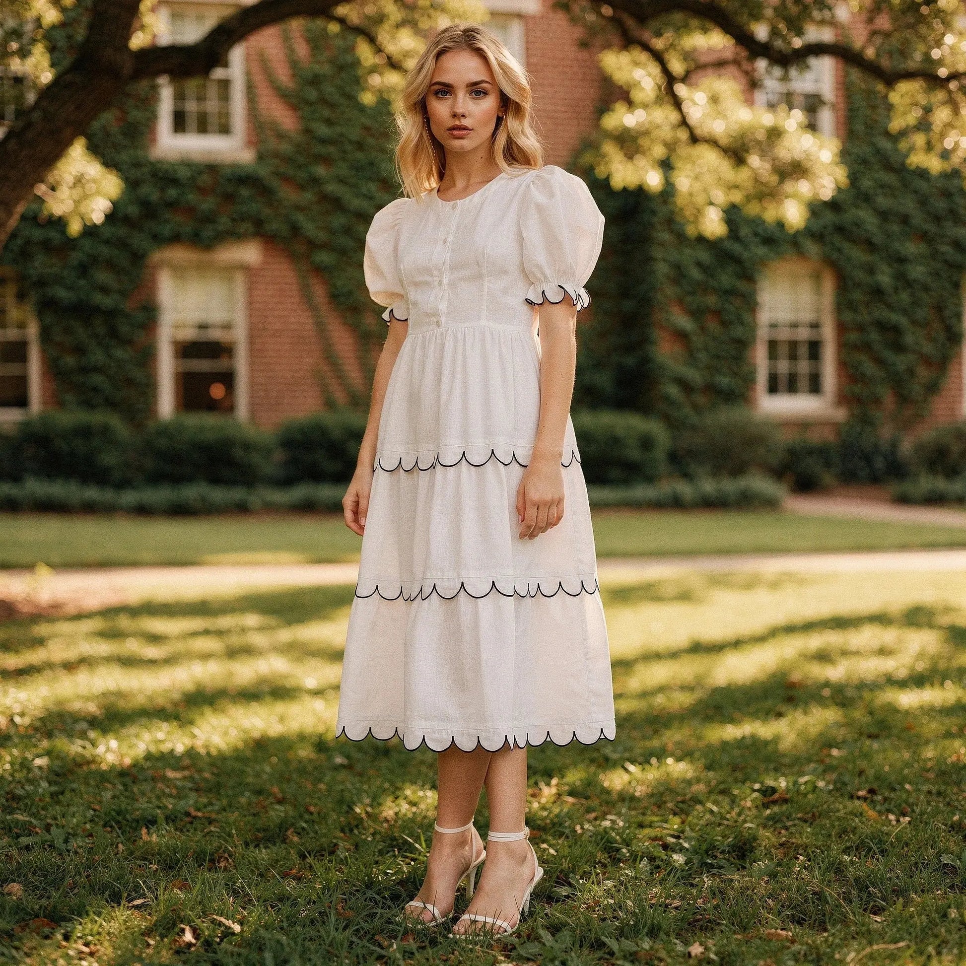 View of a flowy A line midi dress in soft fabric, featuring a round neckline and a vibrant floral pattern