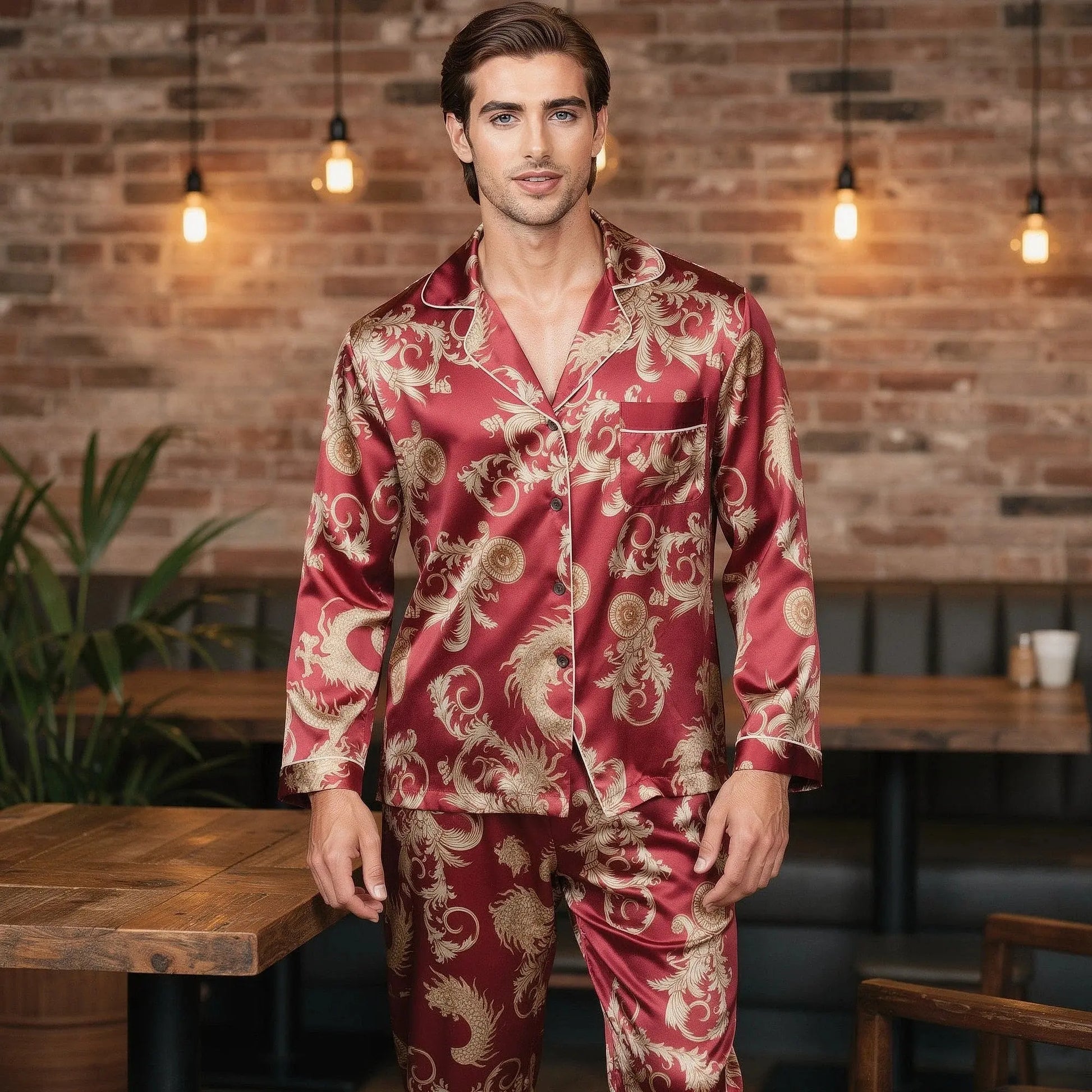 View of a relaxed fit long sleeve silk pajama set in deep navy blue, featuring a notch collar and button