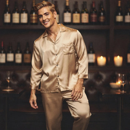 View of a relaxed fit long sleeve pajama set in pure silk, featuring a notch collar and soft, smooth texture
