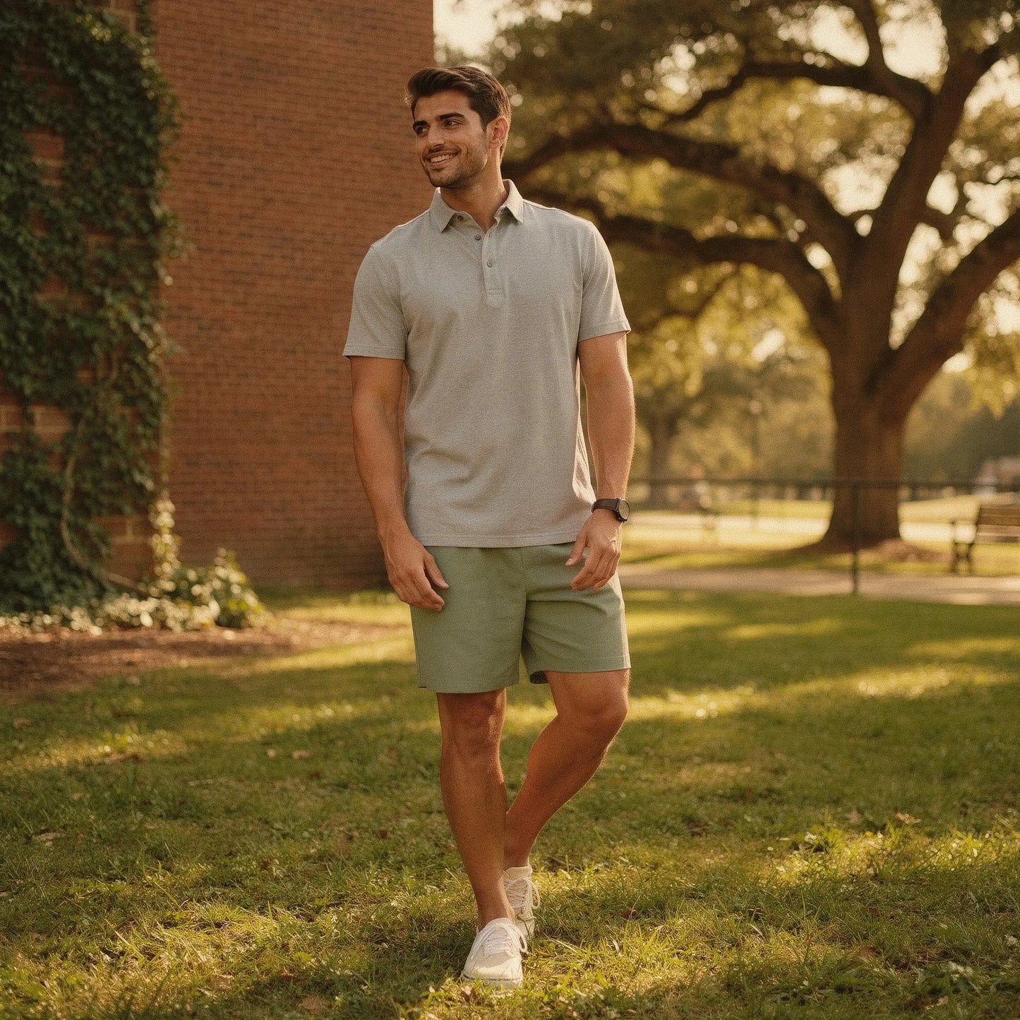 View of a navy blue slim fit short sleeve polo shirt featuring a V neck design and soft cotton material