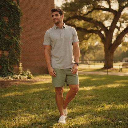 View of a navy blue slim fit short sleeve polo shirt featuring a V neck design and soft cotton material