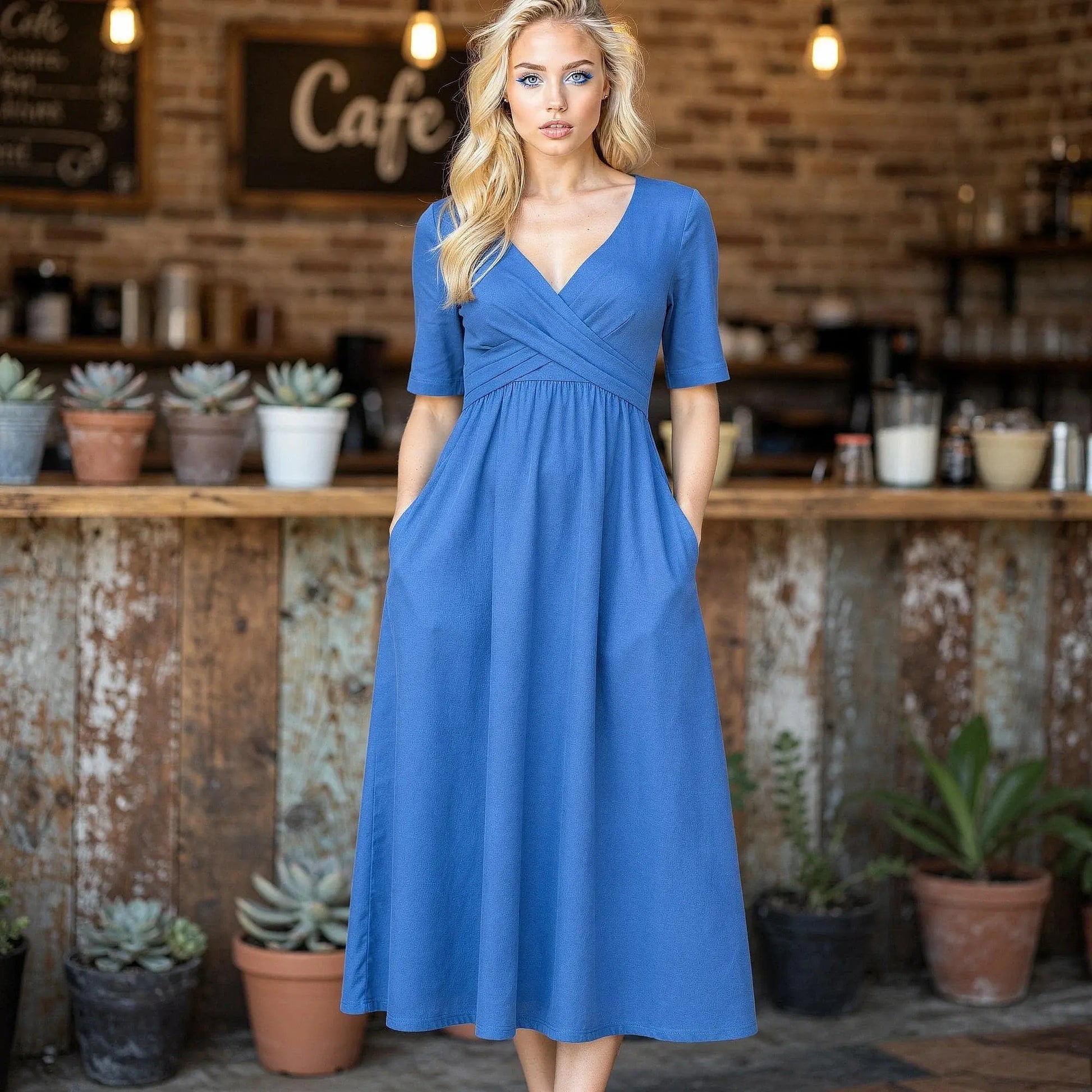 Elegant black midi dress with a slim fit and V neckline, showcasing intricate detailing and a flowing skirt, view