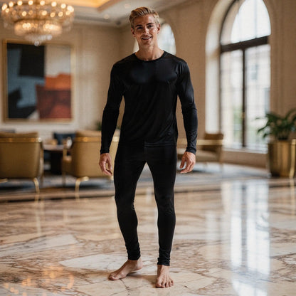 View of navy blue slim fit long sleeve crew neck long johns made