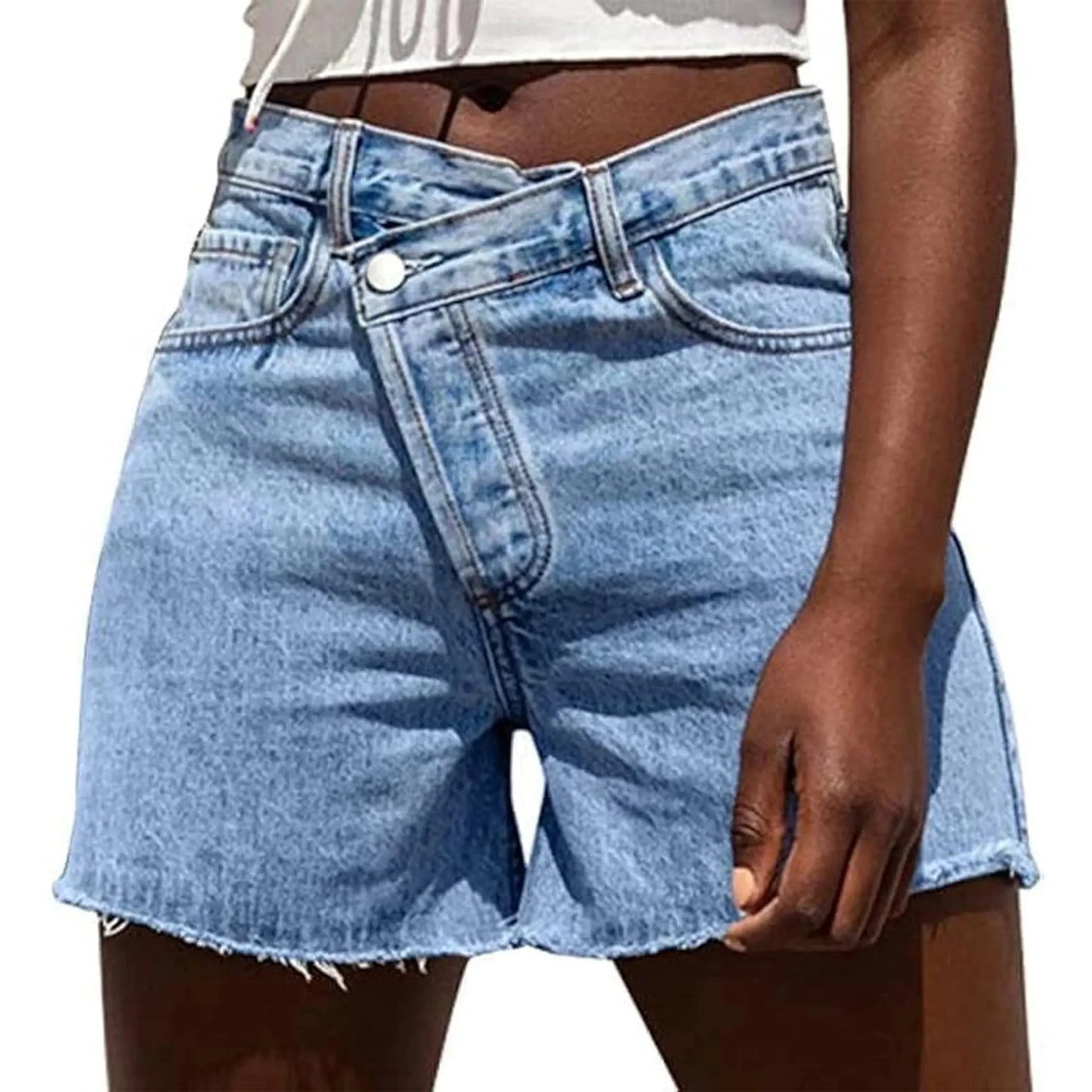 Lightweight, high waisted summer shorts in soft beige fabric, featuring a relaxed fit and crossover waistband, view