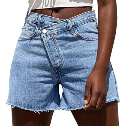 Lightweight, high waisted summer shorts in soft beige fabric, featuring a relaxed fit and crossover waistband, view