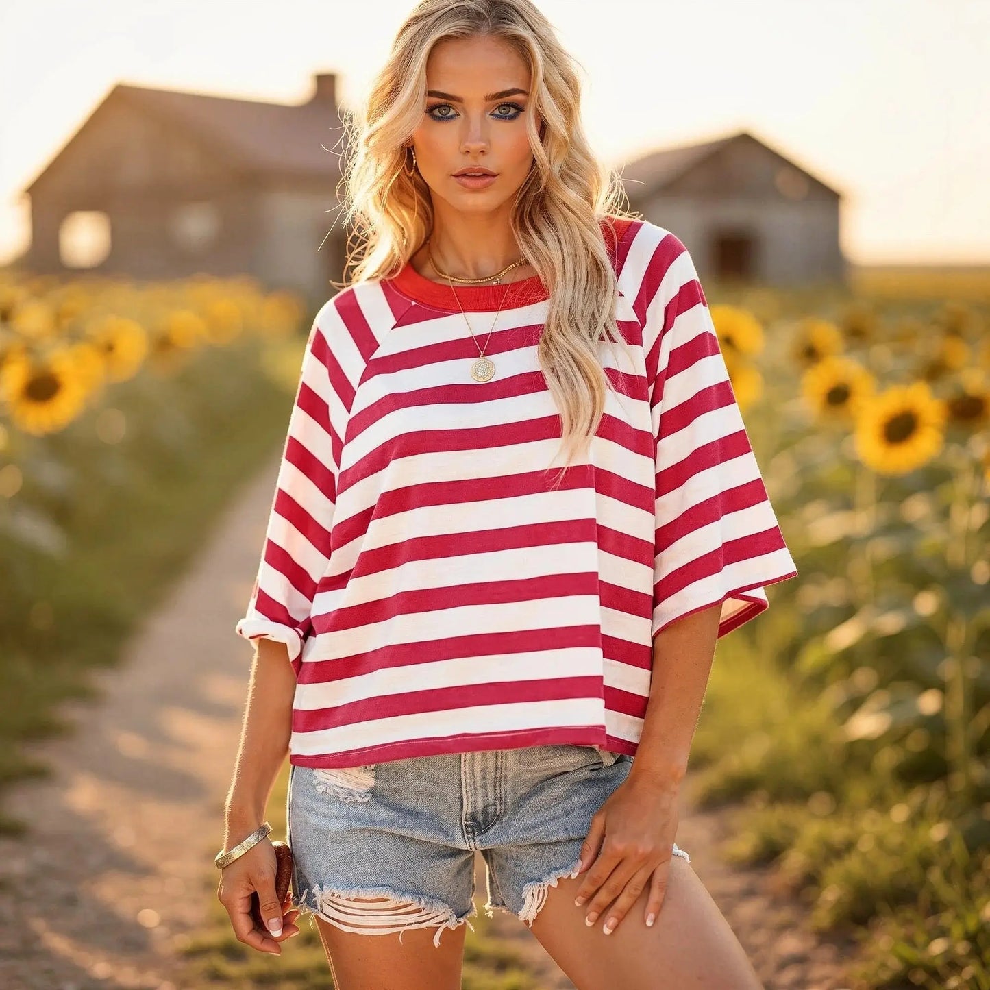Light pink relaxed fit crew neck short sleeve top made of soft cotton, view showcasing fabric texture and stitching